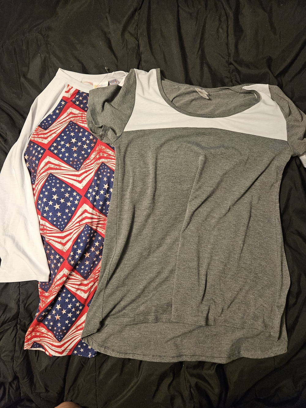 LuLaRoe Gray and White Colorblock Short Sleeve Tee And Red, White And Blue Randy